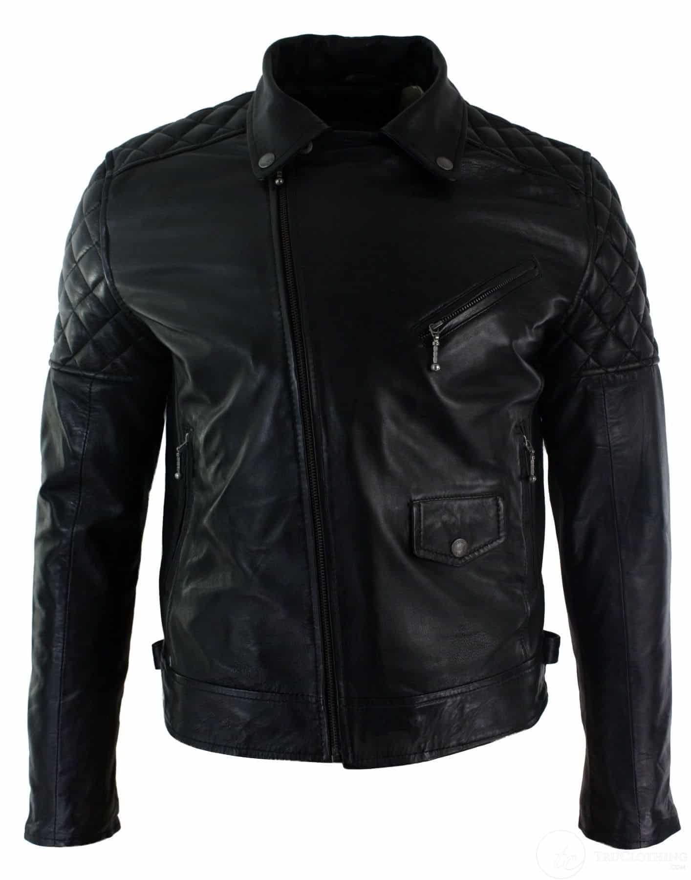 Äkta Läder Herr Bikerjacka med Dragkedja, Svart Skräddarsydd Passform Retro Casual