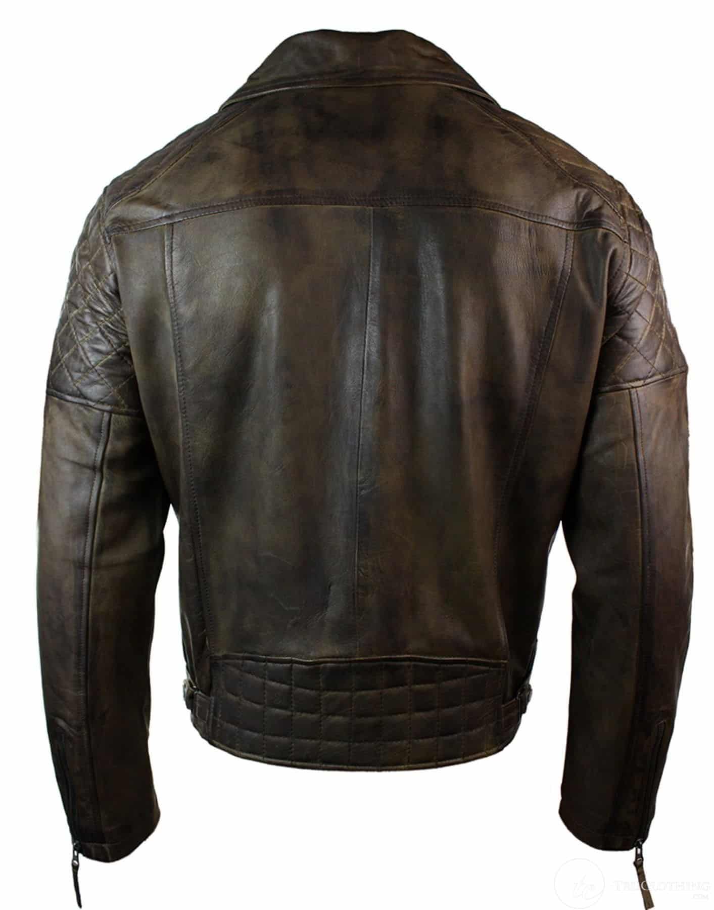 Äkta Läder Vintage Tvättad Brun Svart Vinröd Blå Timber Herr Bikerjacka Cross Zip Retro Casual-Brun