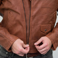 Äkta Läder Vintage Tvättad Brun Timber Herr Bikerjacka Cross Zip Retro Casual-Nevada Timber