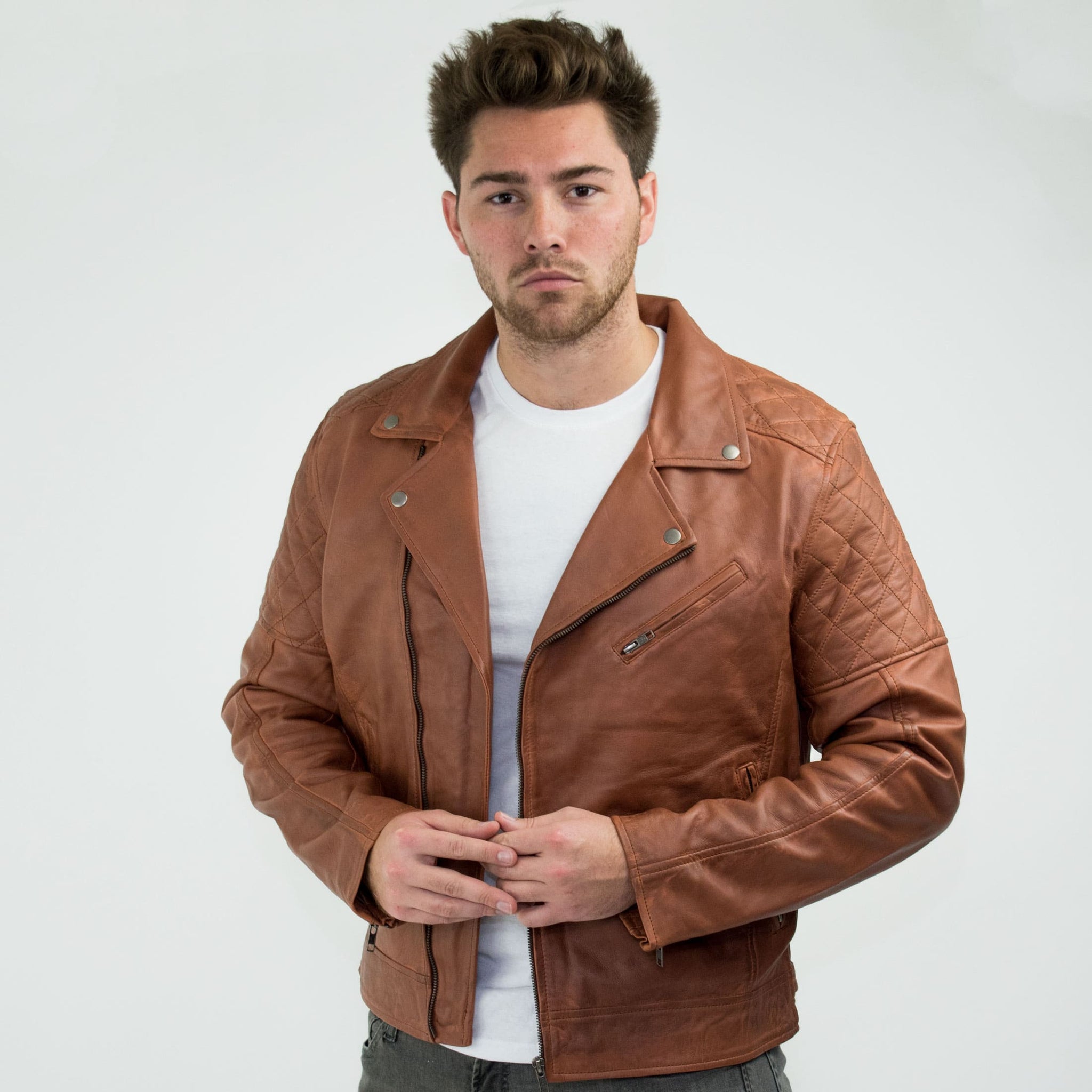 Äkta Läder Vintage Tvättad Brun Timber Herr Bikerjacka Cross Zip Retro Casual-Nevada Timber