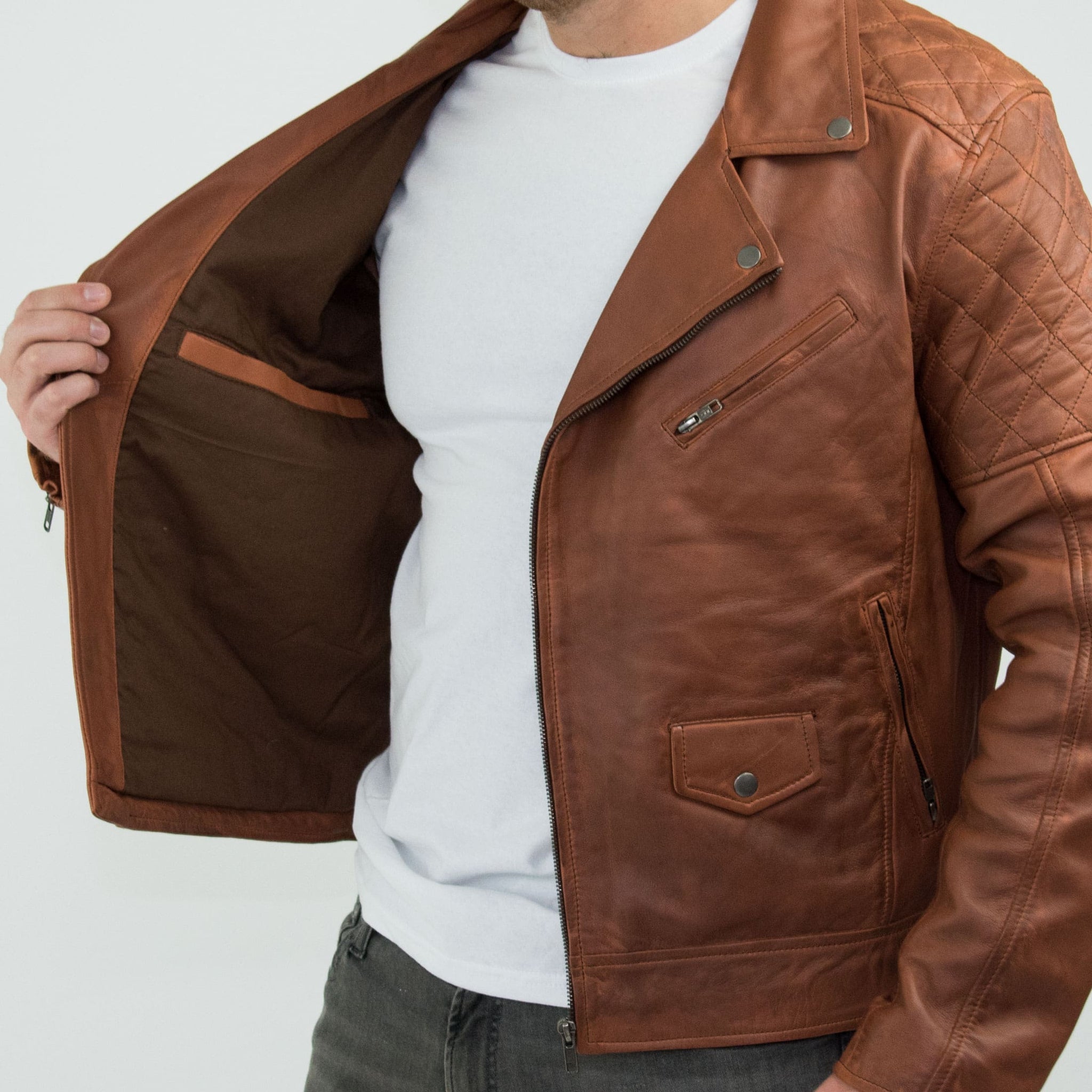 Äkta Läder Vintage Tvättad Brun Timber Herr Bikerjacka Cross Zip Retro Casual-Nevada Timber