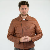 Äkta Läder Vintage Tvättad Brun Timber Herr Bikerjacka Cross Zip Retro Casual-Nevada Timber