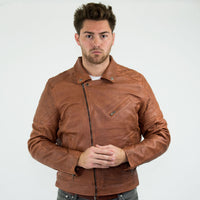 Äkta Läder Vintage Tvättad Brun Timber Herr Bikerjacka Cross Zip Retro Casual-Nevada Timber