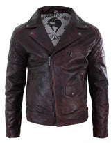 Äkta Läder Vintage Tvättad Brun Svart Vinröd Blå Timber Herr Bikerjacka Cross Zip Retro Casual-Pepsi Vinröd