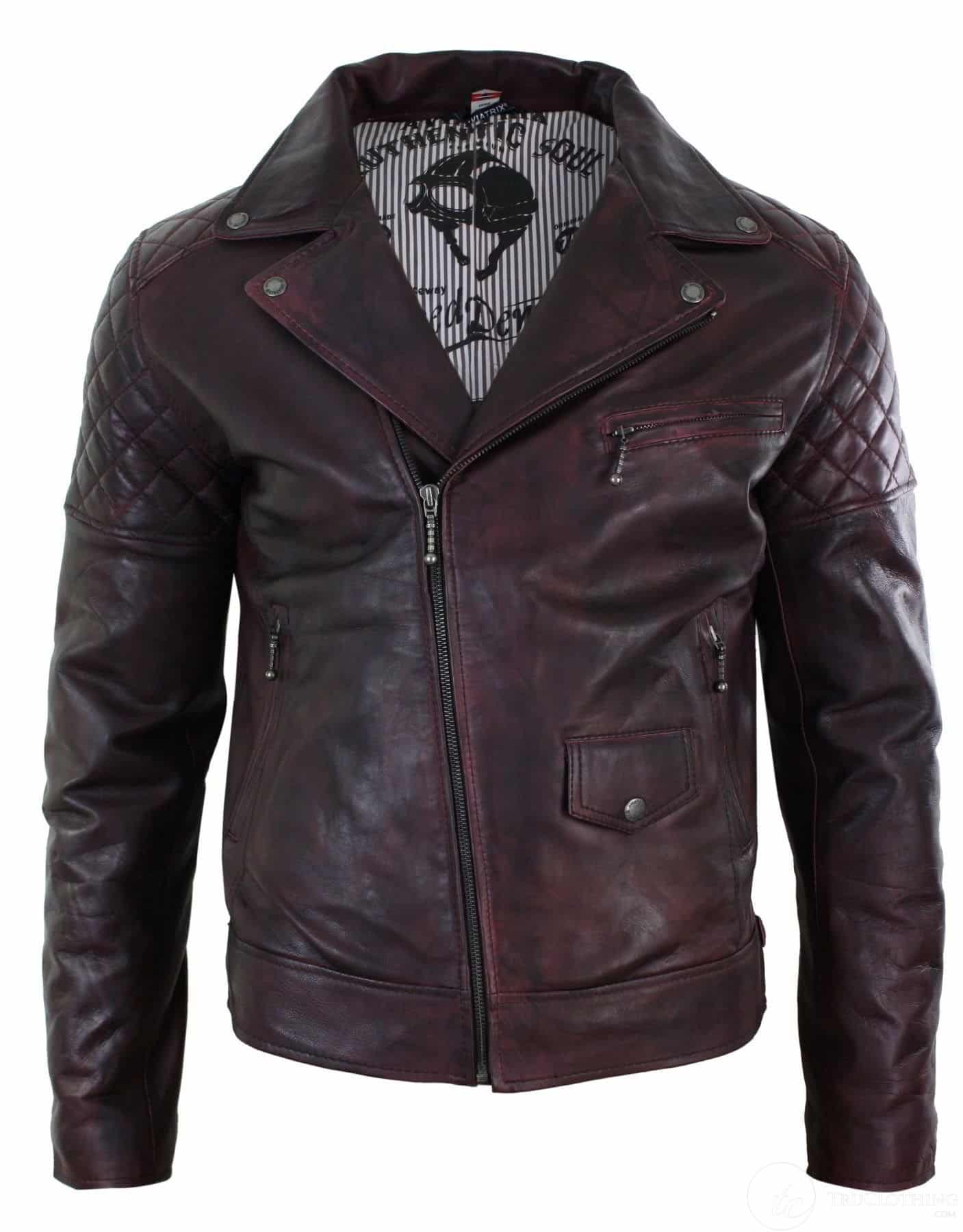 Äkta Läder Vintage Tvättad Brun Svart Vinröd Blå Timber Herr Bikerjacka Cross Zip Retro Casual-Pepsi Vinröd