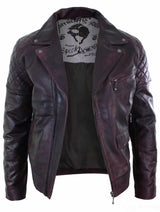 Äkta Läder Vintage Tvättad Brun Svart Vinröd Blå Timber Herr Bikerjacka Cross Zip Retro Casual-Pepsi Vinröd