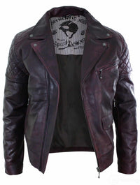 Äkta Läder Vintage Tvättad Brun Svart Vinröd Blå Timber Herr Bikerjacka Cross Zip Retro Casual-Pepsi Vinröd