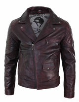 Äkta Läder Vintage Tvättad Brun Svart Vinröd Blå Timber Herr Bikerjacka Cross Zip Retro Casual-Pepsi Vinröd