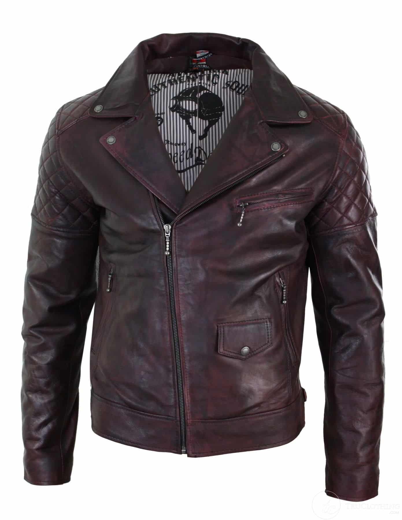 Äkta Läder Vintage Tvättad Brun Svart Vinröd Blå Timber Herr Bikerjacka Cross Zip Retro Casual-Pepsi Vinröd