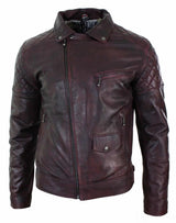 Äkta Läder Vintage Tvättad Brun Svart Vinröd Blå Timber Herr Bikerjacka Cross Zip Retro Casual-Pepsi Vinröd