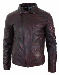 Äkta Läder Vintage Tvättad Brun Svart Vinröd Blå Timber Herr Bikerjacka Cross Zip Retro Casual-Pepsi Vinröd