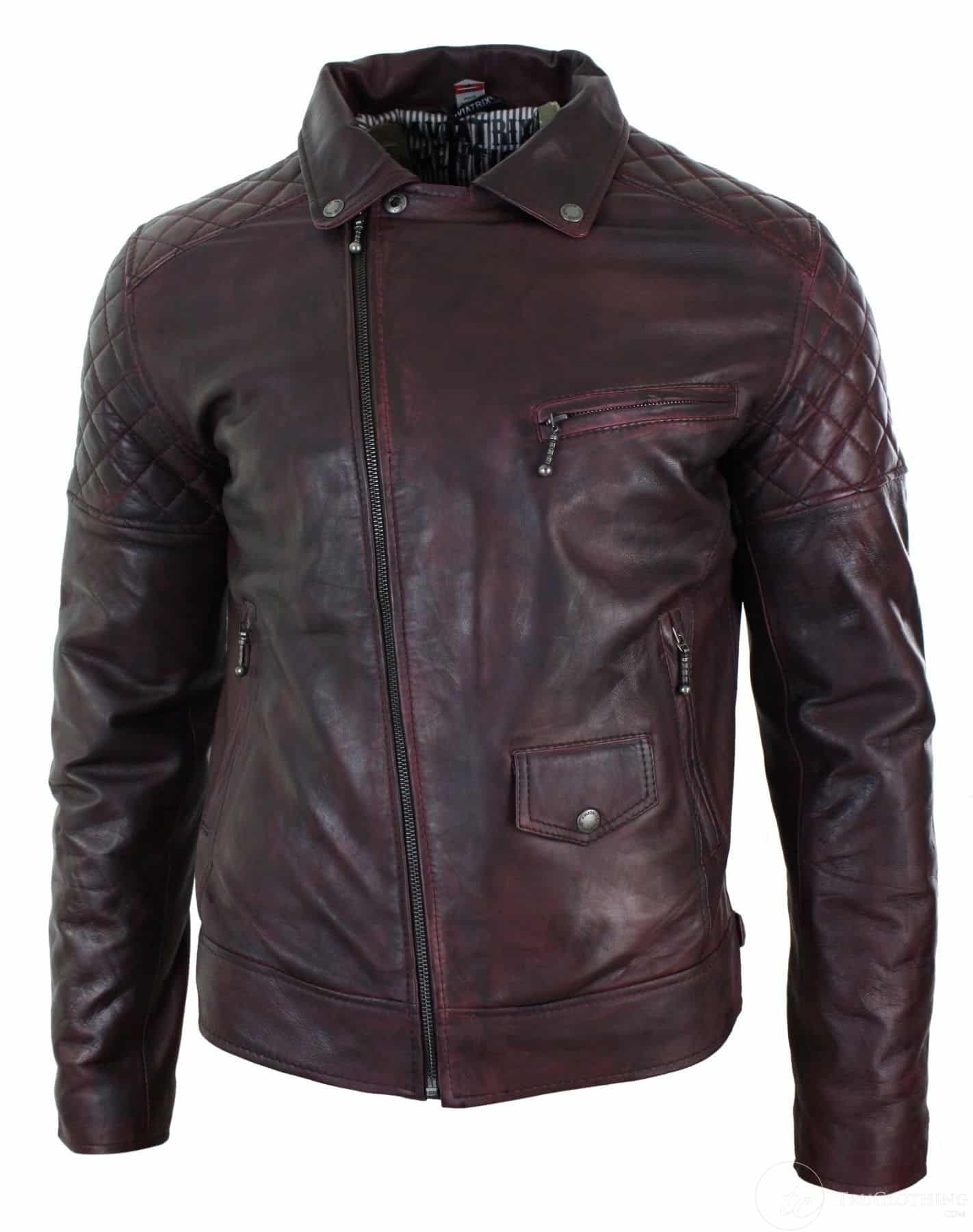 Äkta Läder Vintage Tvättad Brun Svart Vinröd Blå Timber Herr Bikerjacka Cross Zip Retro Casual-Pepsi Vinröd