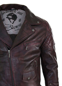 Äkta Läder Vintage Tvättad Brun Svart Vinröd Blå Timber Herr Bikerjacka Cross Zip Retro Casual-Pepsi Vinröd