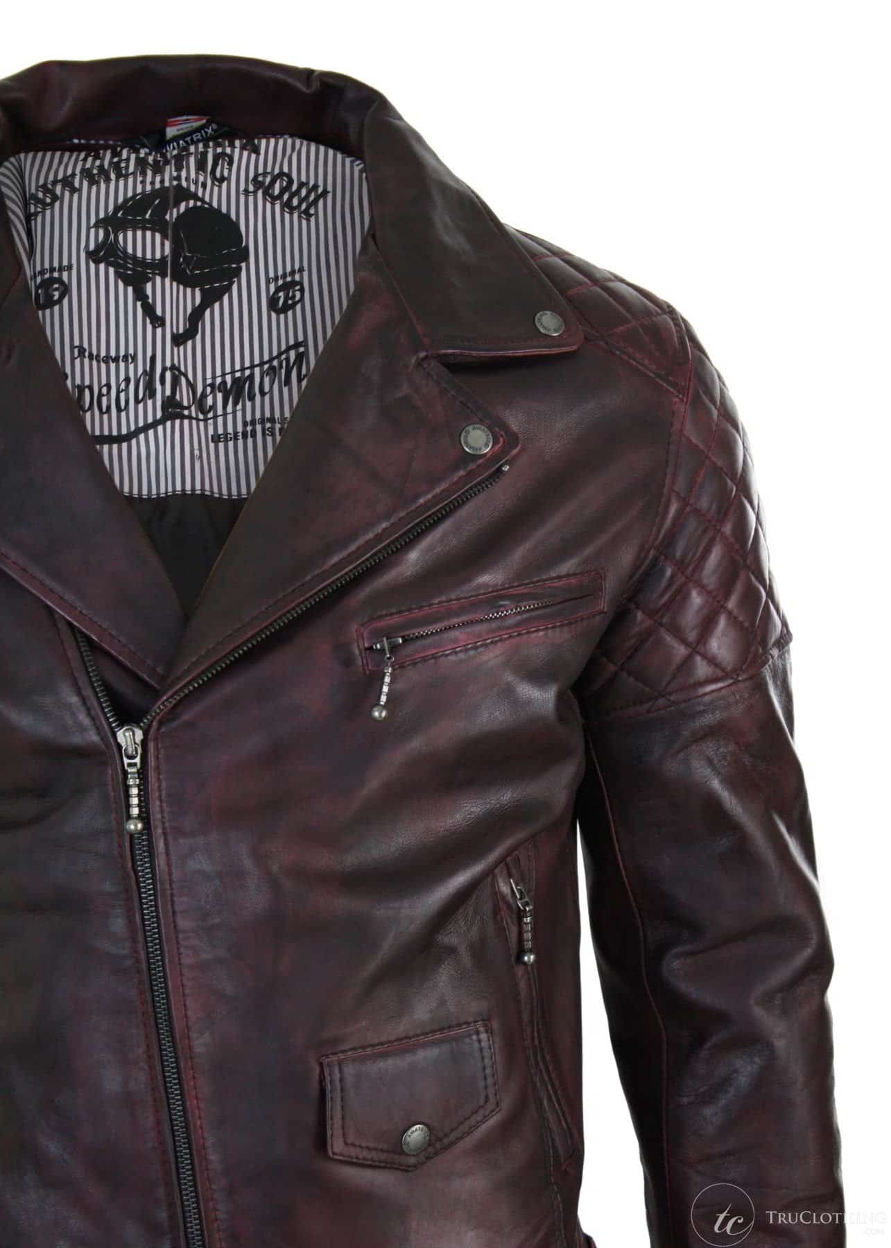 Äkta Läder Vintage Tvättad Brun Svart Vinröd Blå Timber Herr Bikerjacka Cross Zip Retro Casual-Pepsi Vinröd