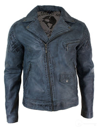 Äkta Läder Vintage Tvättad Biker Herrjacka Cross Zip Retro Casual - Blå Färg