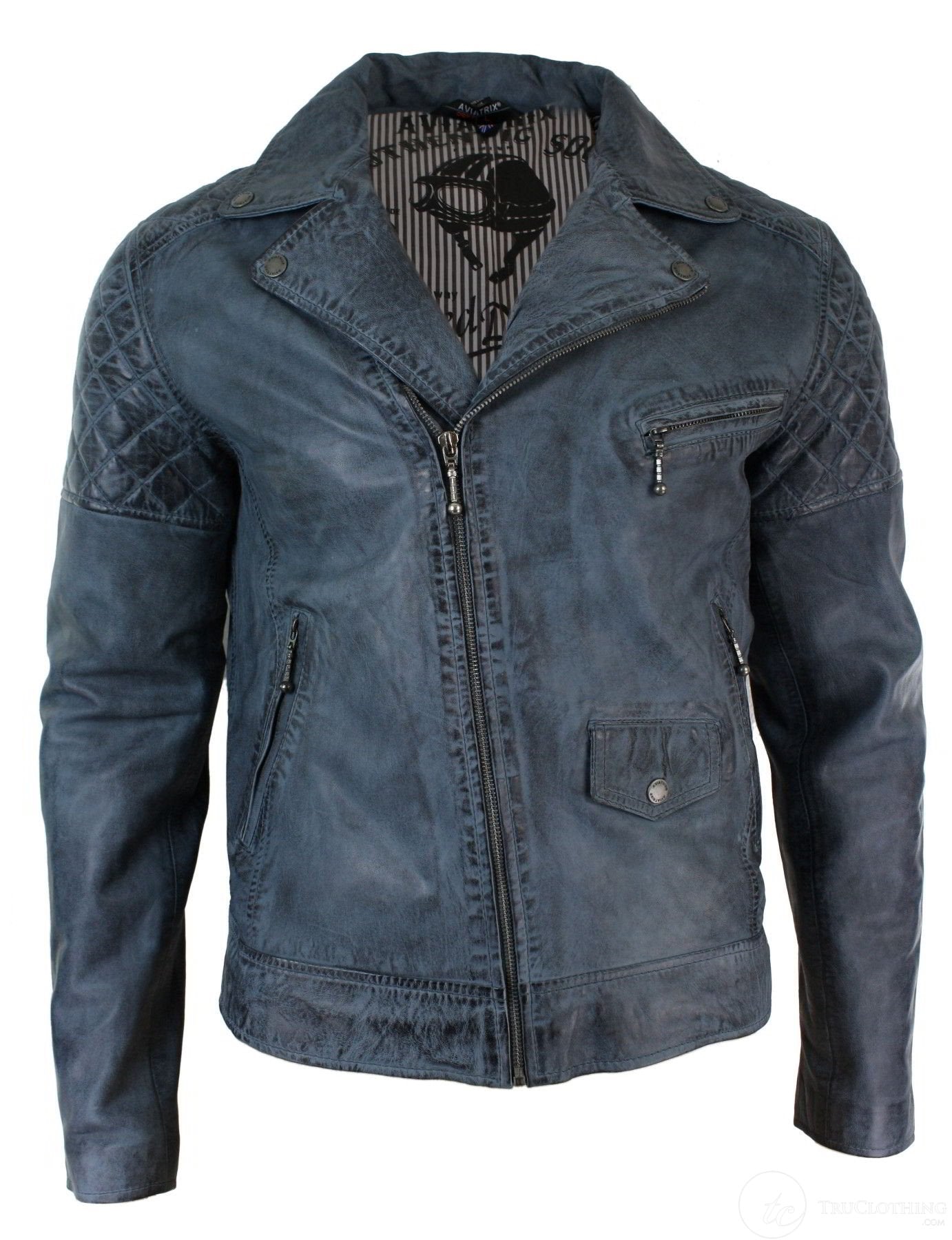 Äkta Läder Vintage Tvättad Biker Herrjacka Cross Zip Retro Casual - Blå Färg