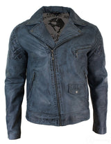 Äkta Läder Vintage Tvättad Biker Herrjacka Cross Zip Retro Casual - Blå Färg