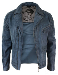 Äkta Läder Vintage Tvättad Biker Herrjacka Cross Zip Retro Casual - Blå Färg