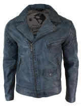 Äkta Läder Vintage Tvättad Biker Herrjacka Cross Zip Retro Casual - Blå Färg