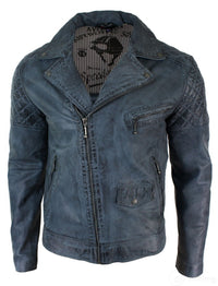 Äkta Läder Vintage Tvättad Biker Herrjacka Cross Zip Retro Casual - Blå Färg
