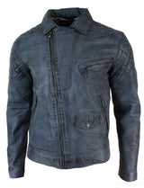 Äkta Läder Vintage Tvättad Biker Herrjacka Cross Zip Retro Casual - Blå Färg