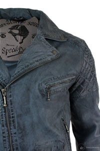 Äkta Läder Vintage Tvättad Biker Herrjacka Cross Zip Retro Casual - Blå Färg