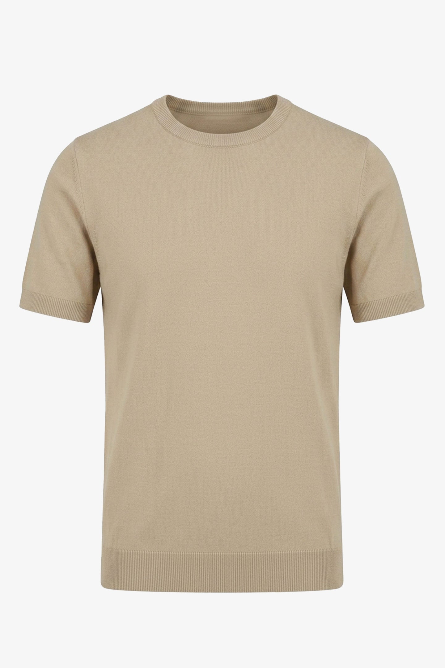 Beige stickad t-shirt med rund hals och kort ärm för män