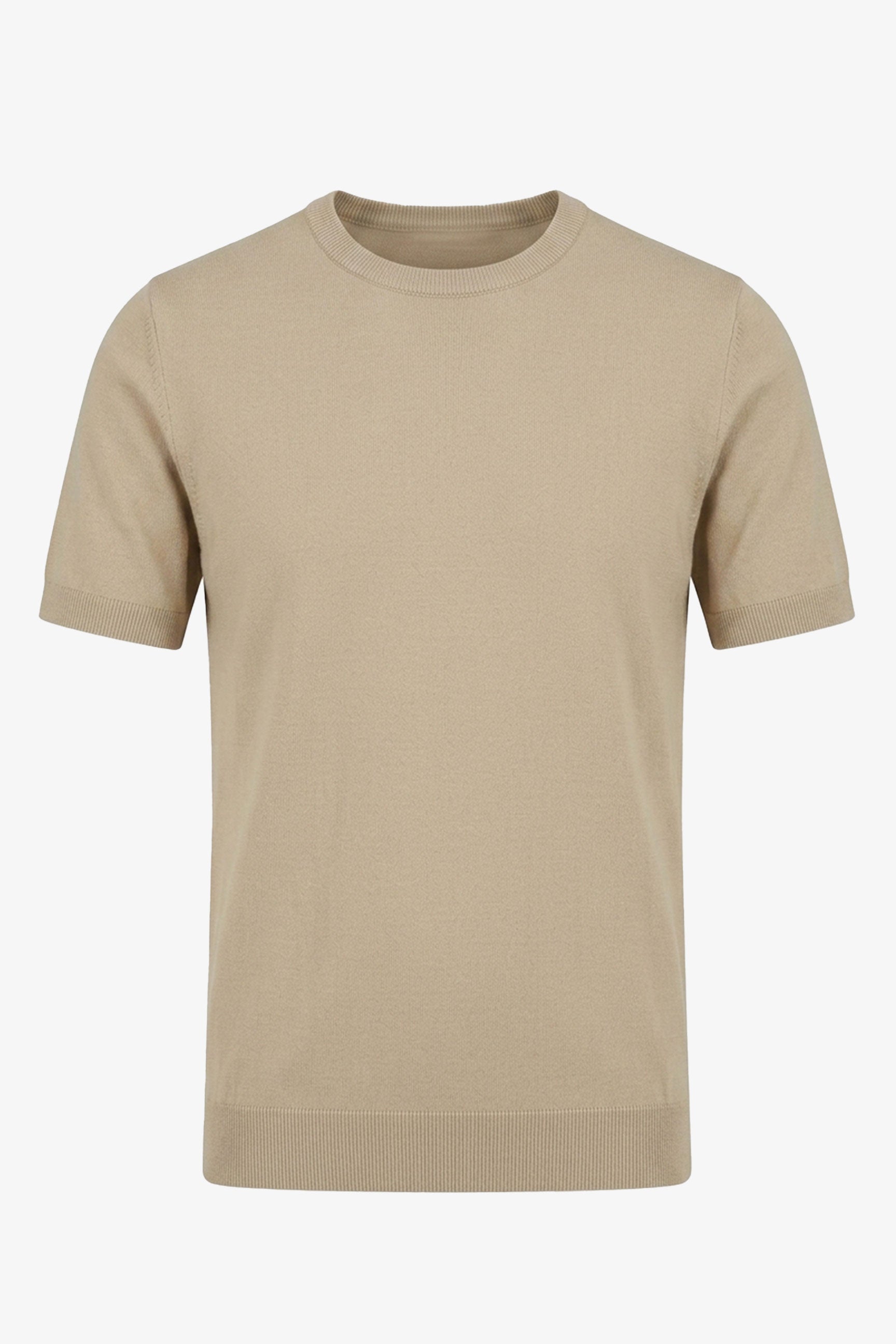 Beige stickad t-shirt med rund hals och kort ärm för män