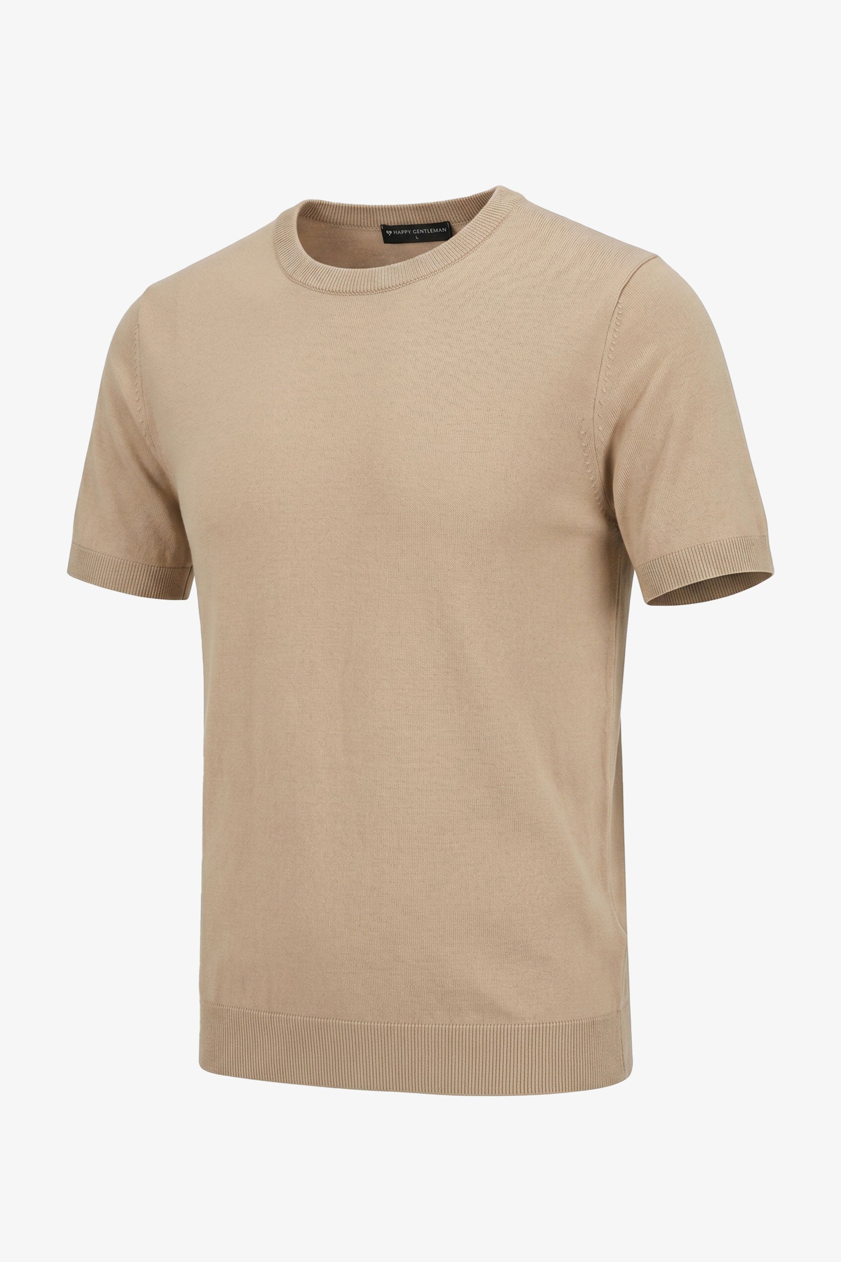 Beige stickad t-shirt med rund hals och kort ärm för män