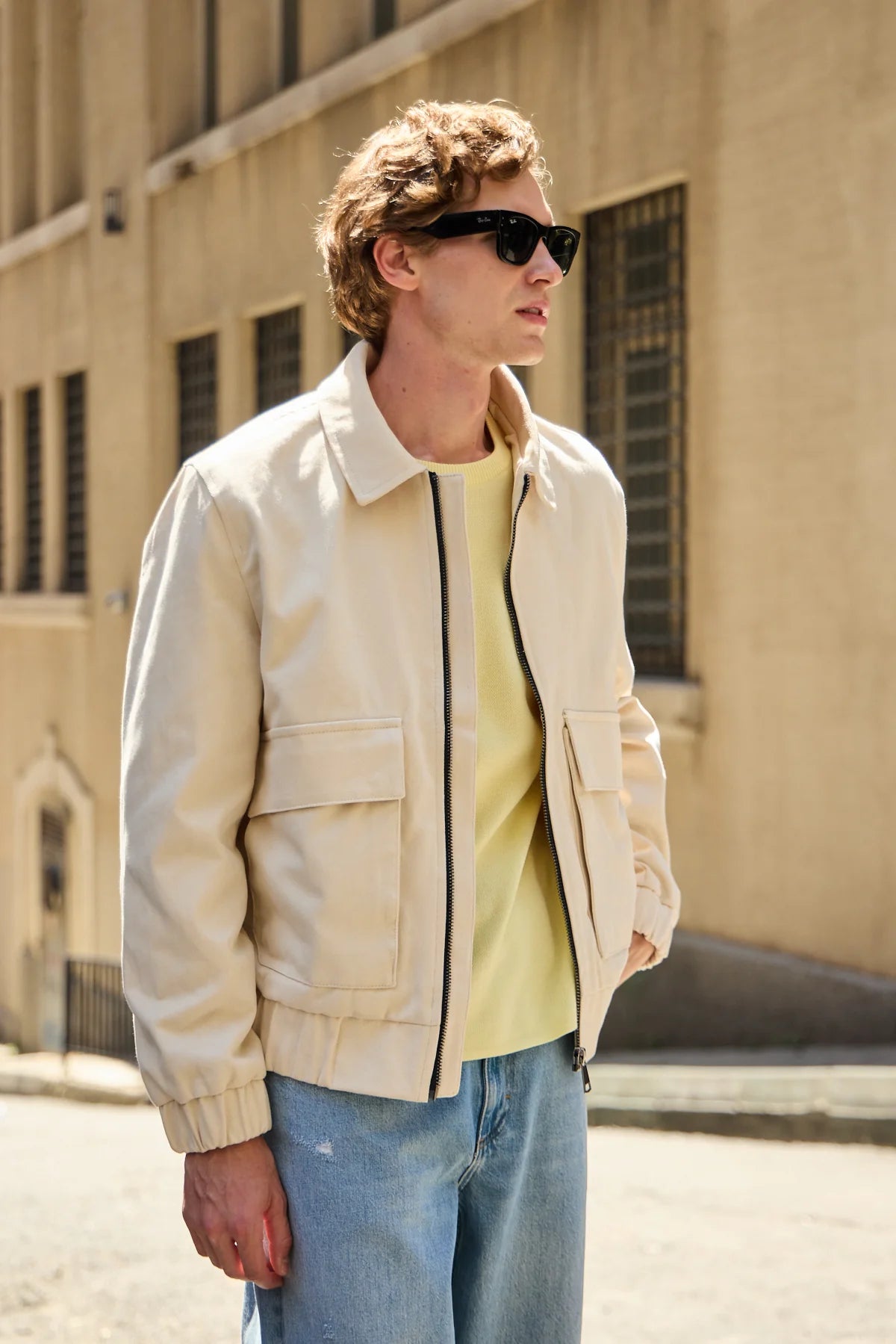 Beige Utility Bomber Lätt Vadderad Jacka med Dragkedja för Herr