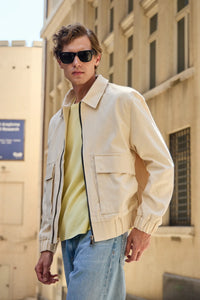 Beige Utility Bomber Lätt Vadderad Jacka med Dragkedja för Herr