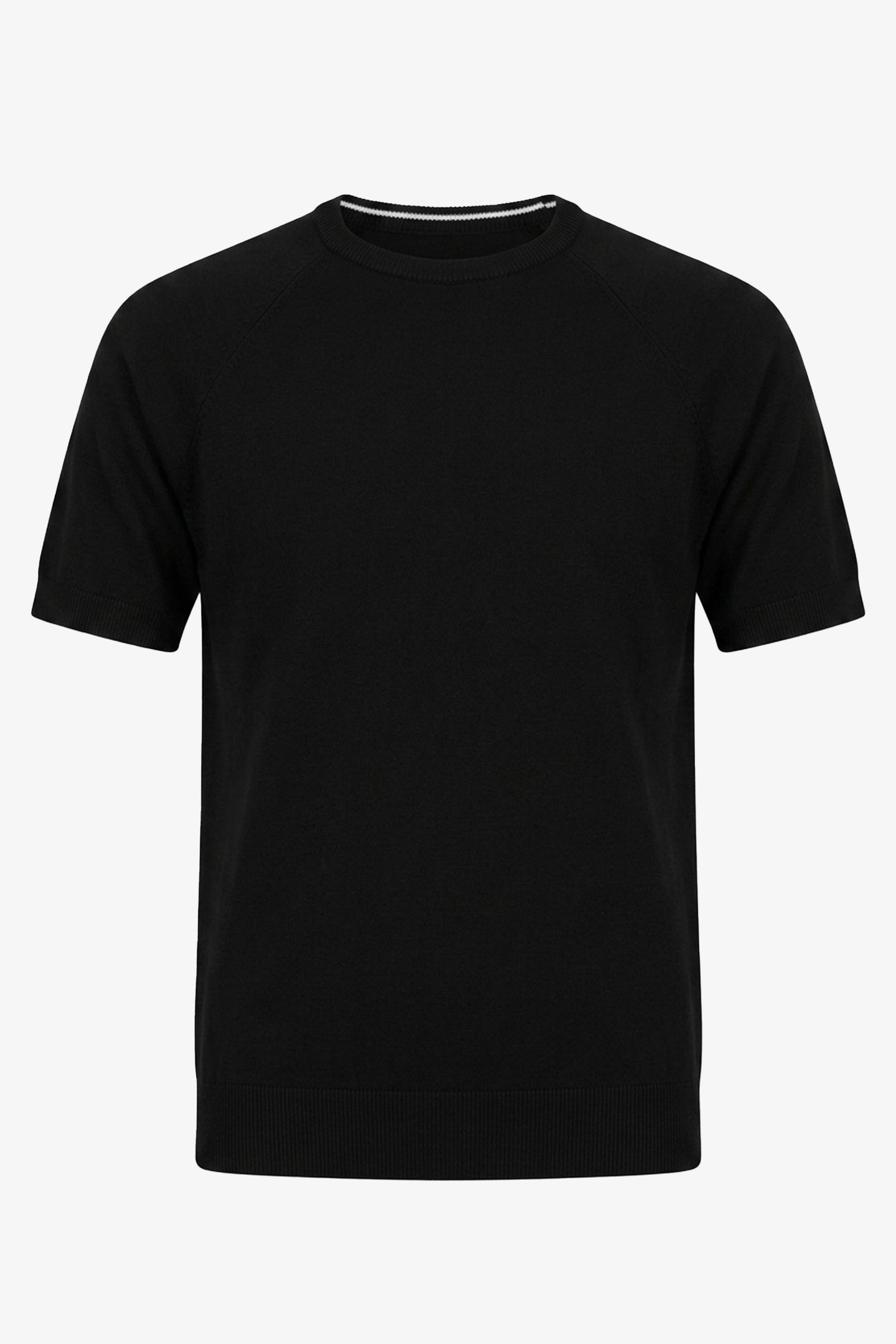 Herr svart klassisk stickad t-shirt med kort ärm och rund hals