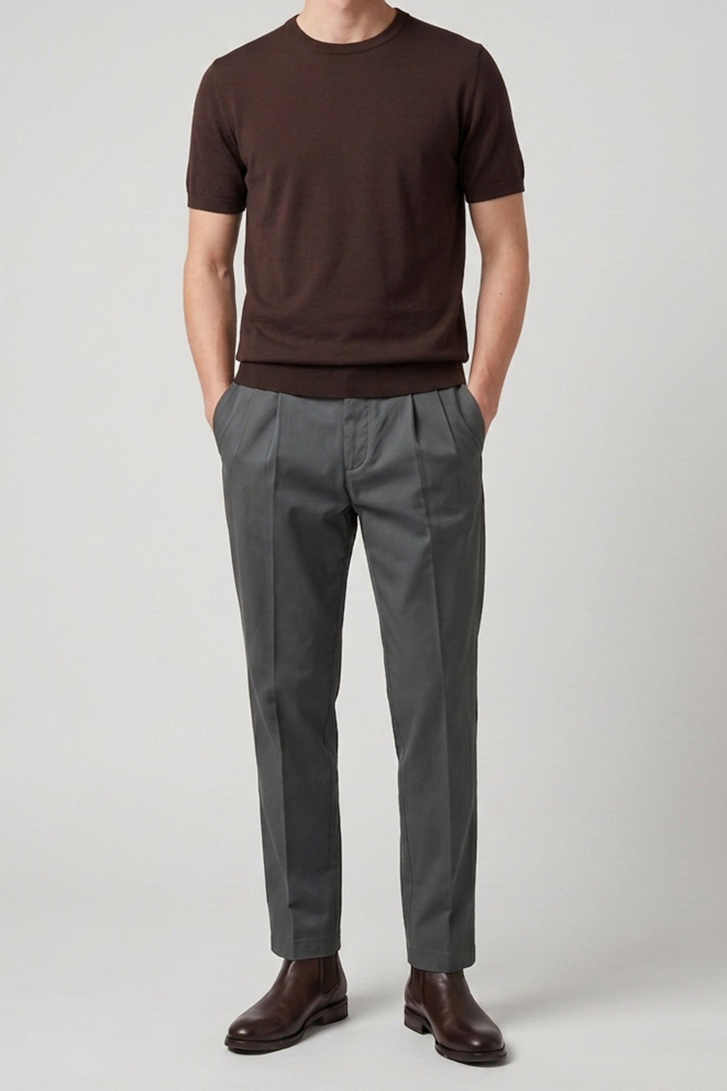Herr Brun Stickad T-shirt Normal Passform Rund Hals Kortärmad Topp