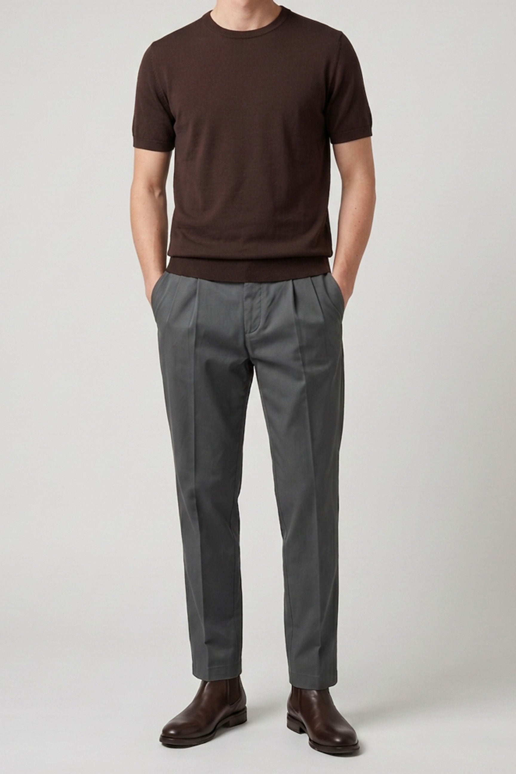 Herr Brun Stickad T-shirt Normal Passform Rund Hals Kortärmad Topp