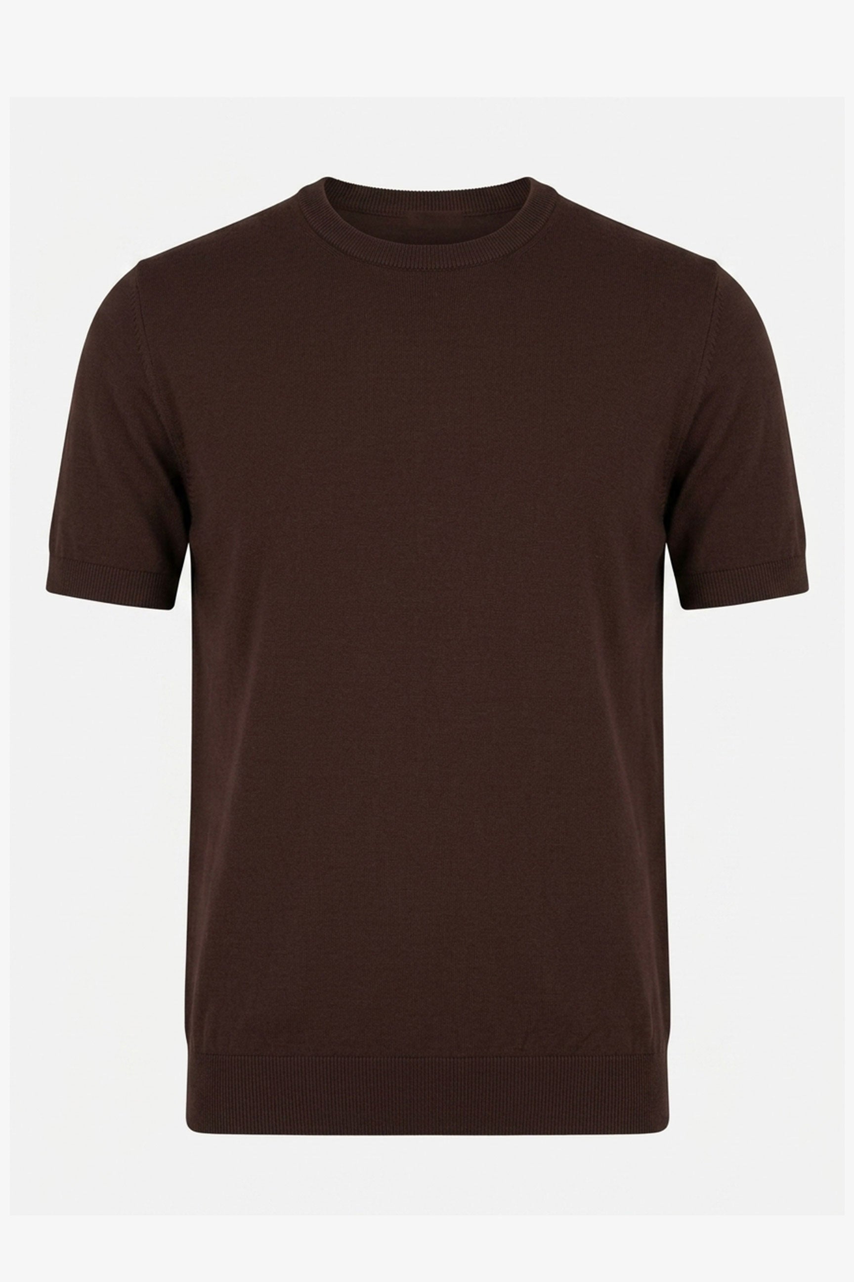Herr Brun Stickad T-shirt Normal Passform Rund Hals Kortärmad Topp