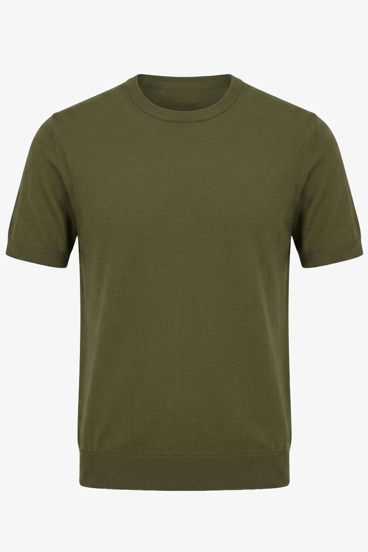 Herr olivgrön stickad t-shirt med rund hals och kort ärm, normal passform