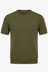 Herr olivgrön stickad t-shirt med rund hals och kort ärm, normal passform