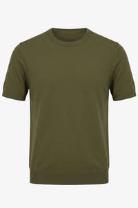 Herr olivgrön stickad t-shirt med rund hals och kort ärm, normal passform