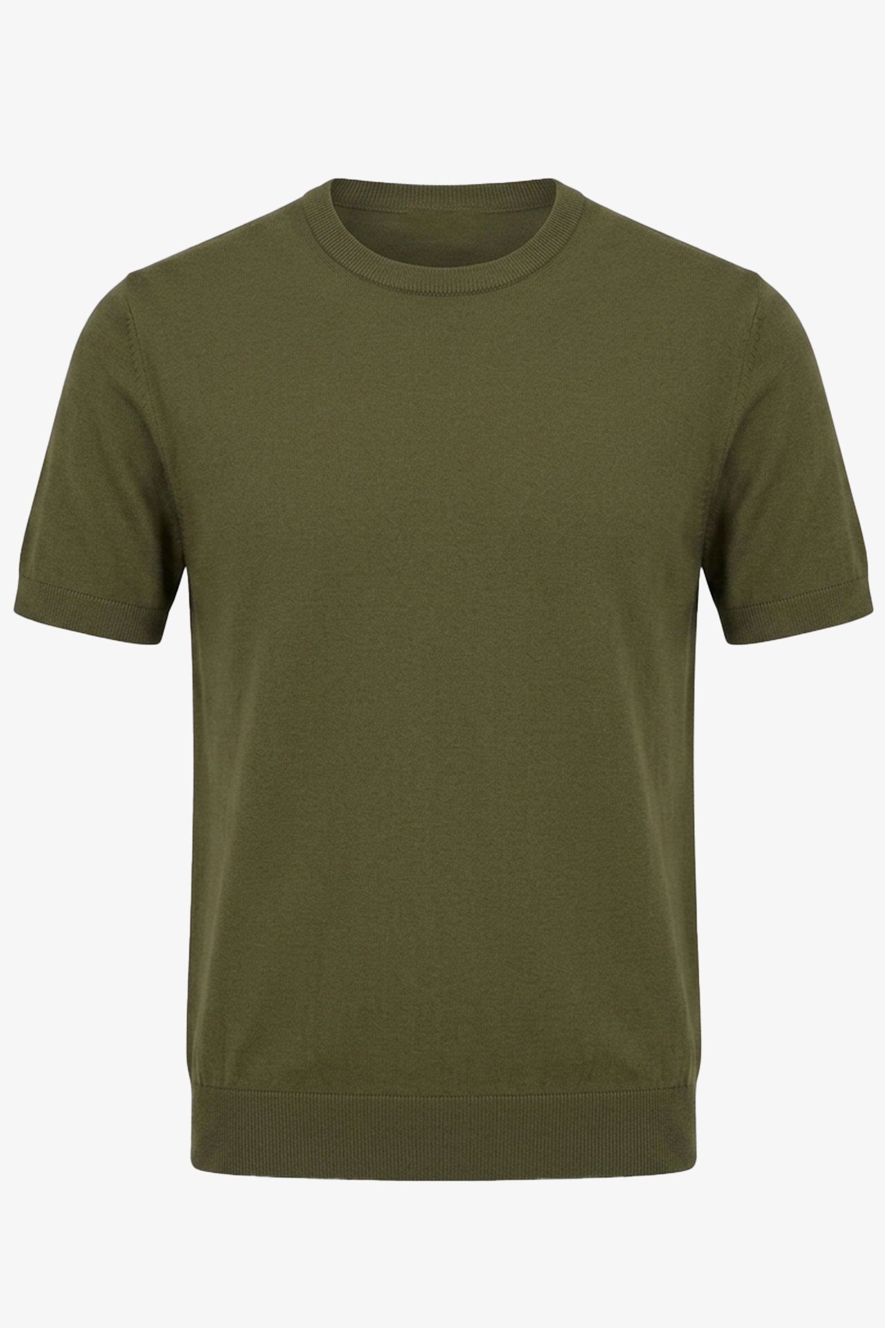 Herr olivgrön stickad t-shirt med rund hals och kort ärm, normal passform