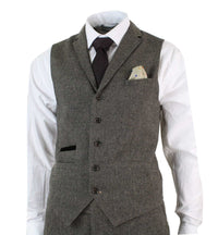 Herr 3-delad kostym i ullblandning i fiskbensmönster i tweed, brun, vintage-skrudad, brun