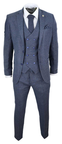 Blå 3-delad kostym med dubbelknäppt väst för män
