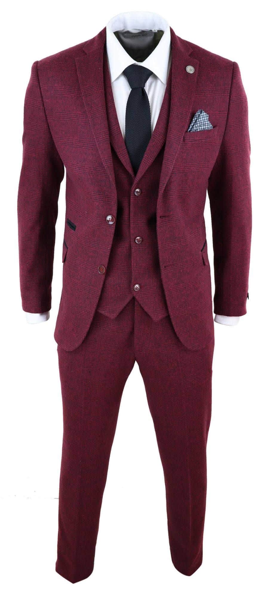 Herrkostym i vinröd, tweed, 3-delad kostym - STZ17