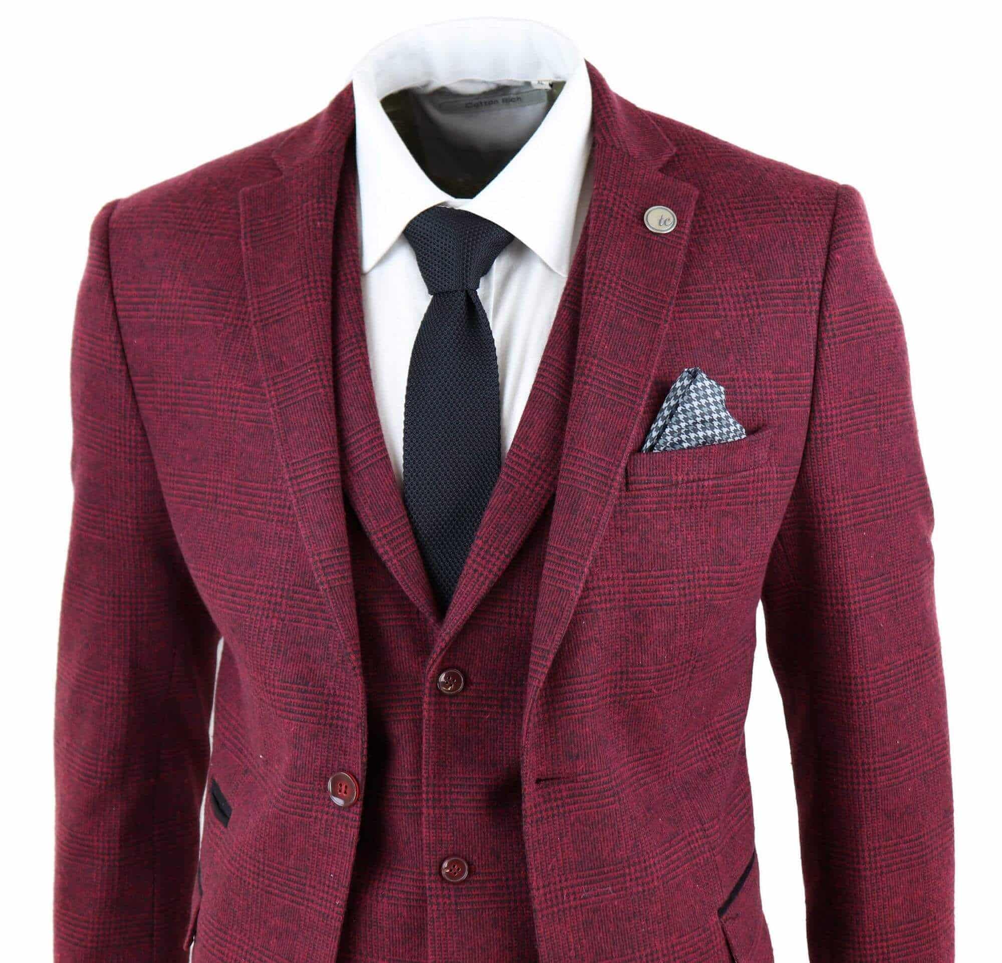 Herrkostym i vinröd, tweed, 3-delad kostym - STZ17