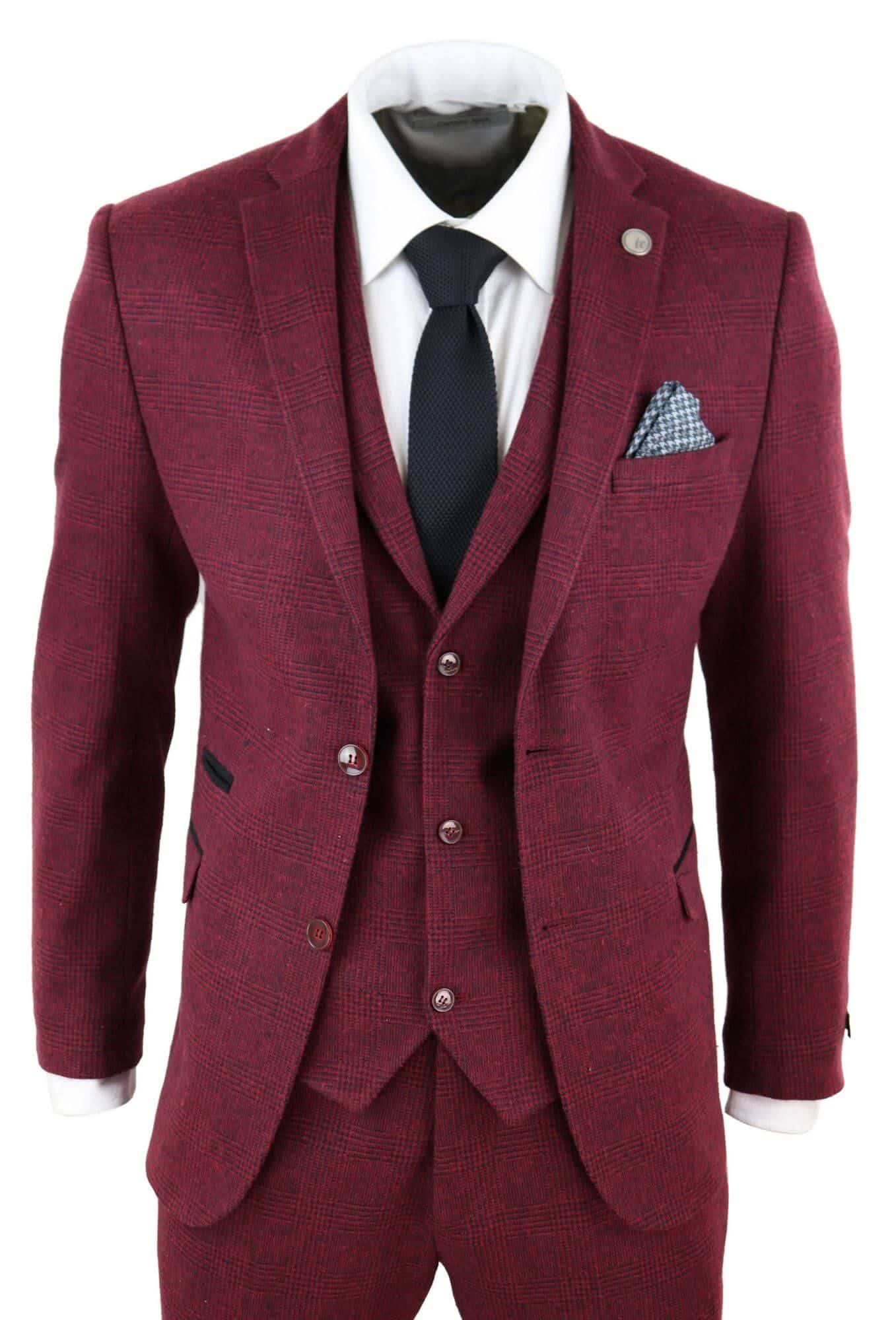 Herrkostym i vinröd, tweed, 3-delad kostym - STZ17