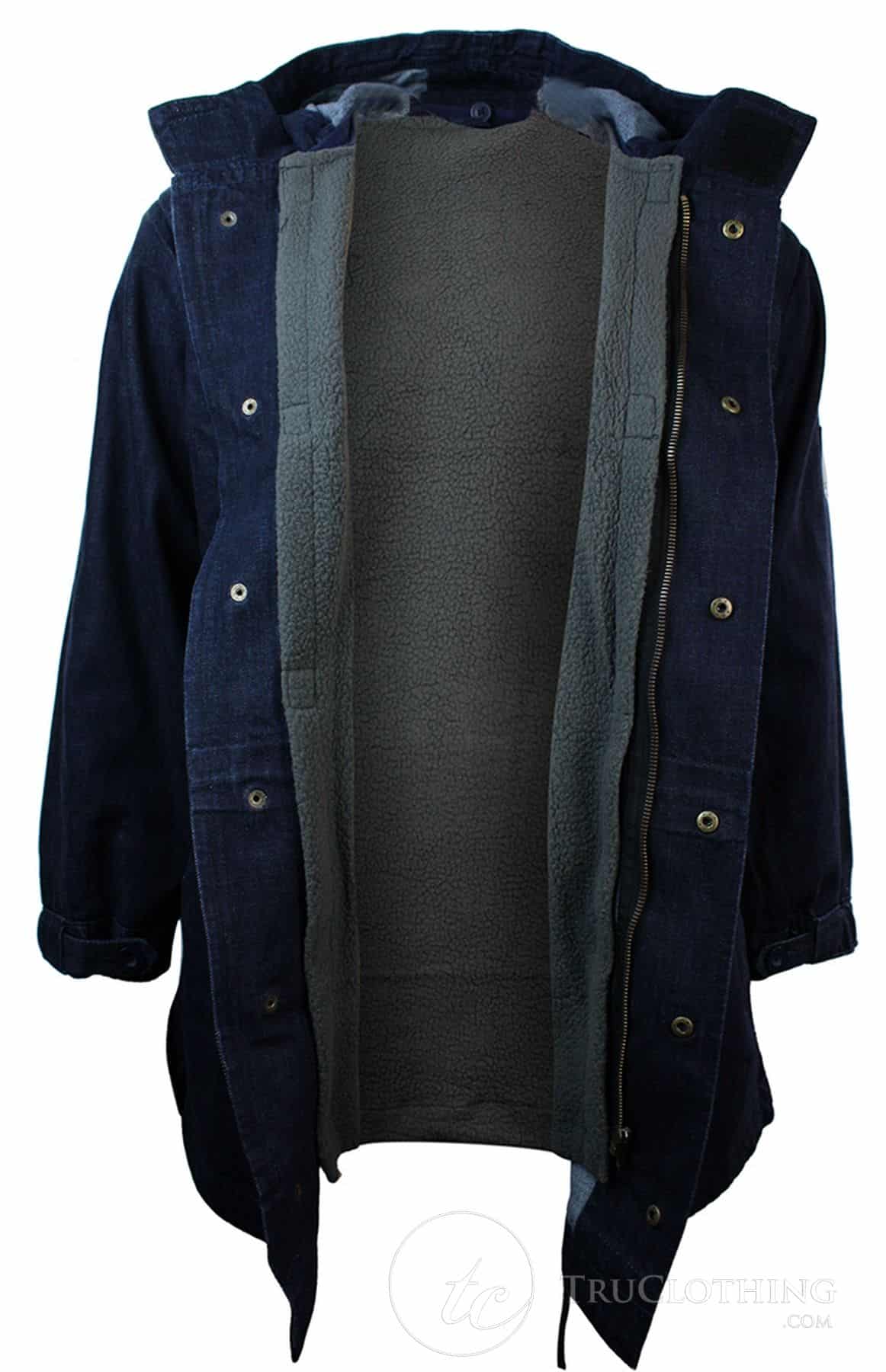 Herr Denim Överrock Huva Jeansjacka Fleecefodrad 3/4 Trench Duffeljacka