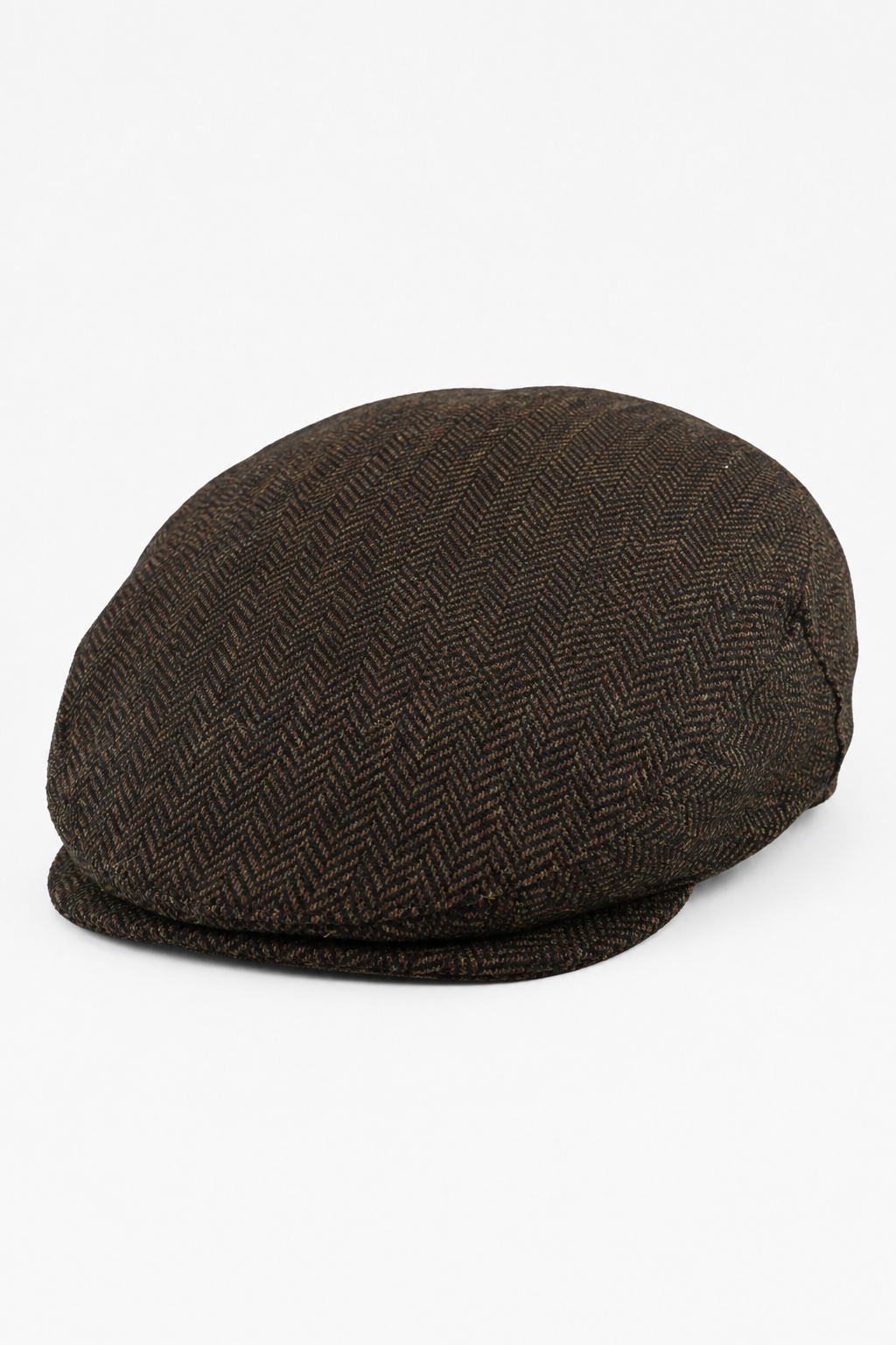 Herrkeps i ull, fiskbensmönstrad brun tweed, klassisk 1920-tals unisex, Del Boy