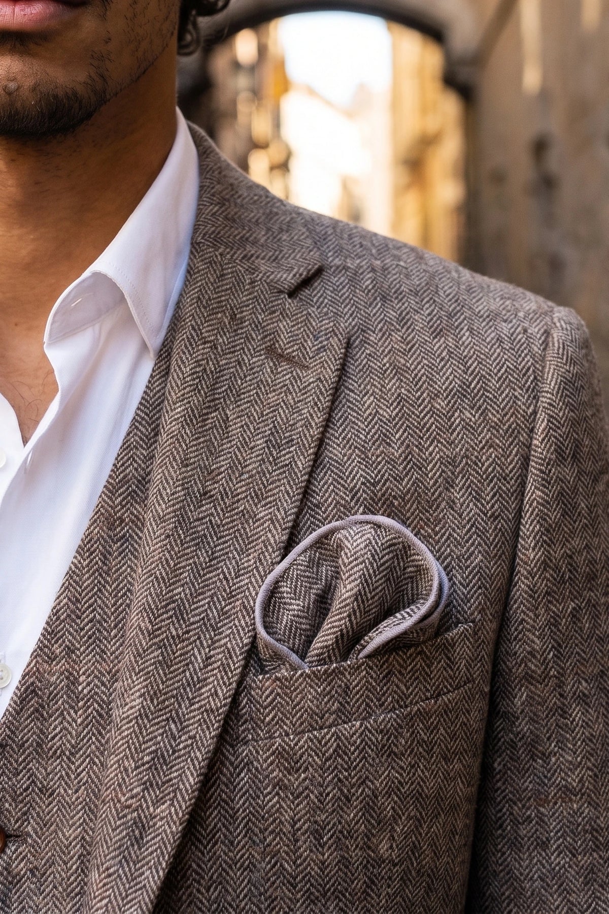 Herrnäsduk i grå tweed och ullblandning
