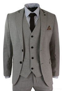 Herrkostym i tweed med fiskbensmönster, 3-delad kostym i sammetsdetaljer, klassisk vintage-modell, slim fit, beige
