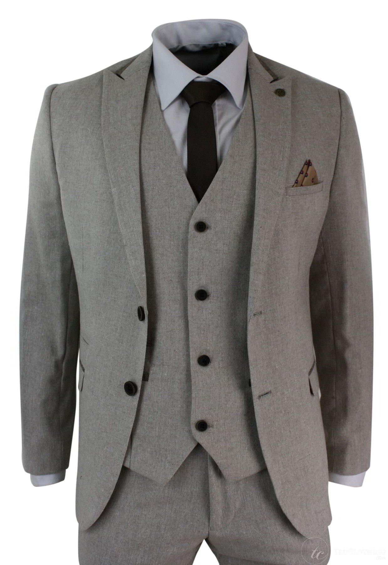 Herrkostym i tweed med fiskbensmönster, 3-delad kostym i sammetsdetaljer, klassisk vintage-modell, slim fit, beige
