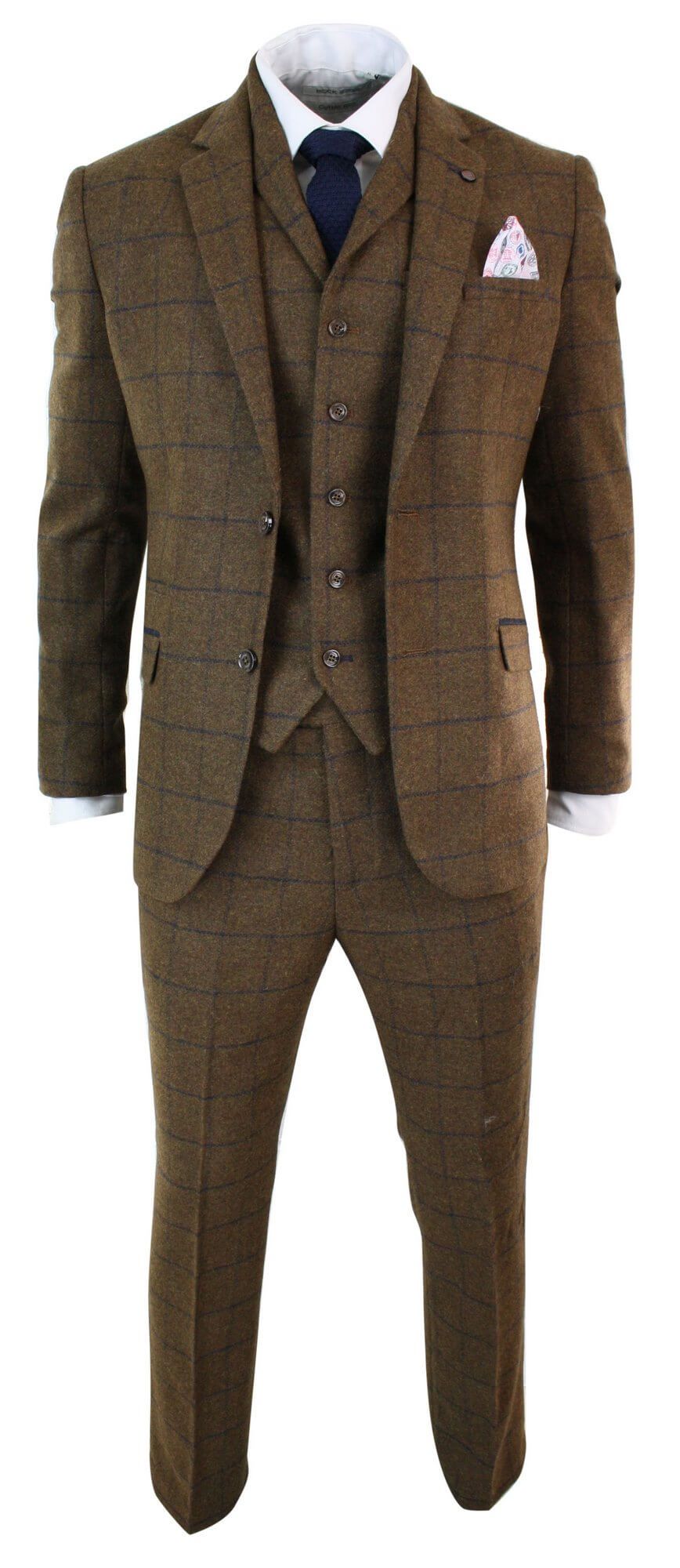 Herrkostym i fiskbensmönstrad tweedrutig 3-delad ull med Peaky Blinders-mönster - Beige